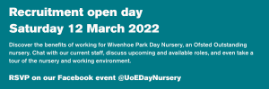 Discover the benefits of working for Wivenhoe Park Day Nursery, an Ofsted Outstanding nursery. Chat with our current staff, discuss upcoming and available roles, and even take a tour of the nursery and working environment. RSVP on our Facebook event @UoEDayNursery